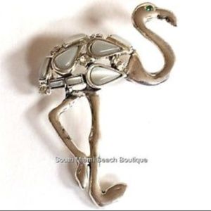 Silver Flamingo Pin Brooch White Cats Eye Island